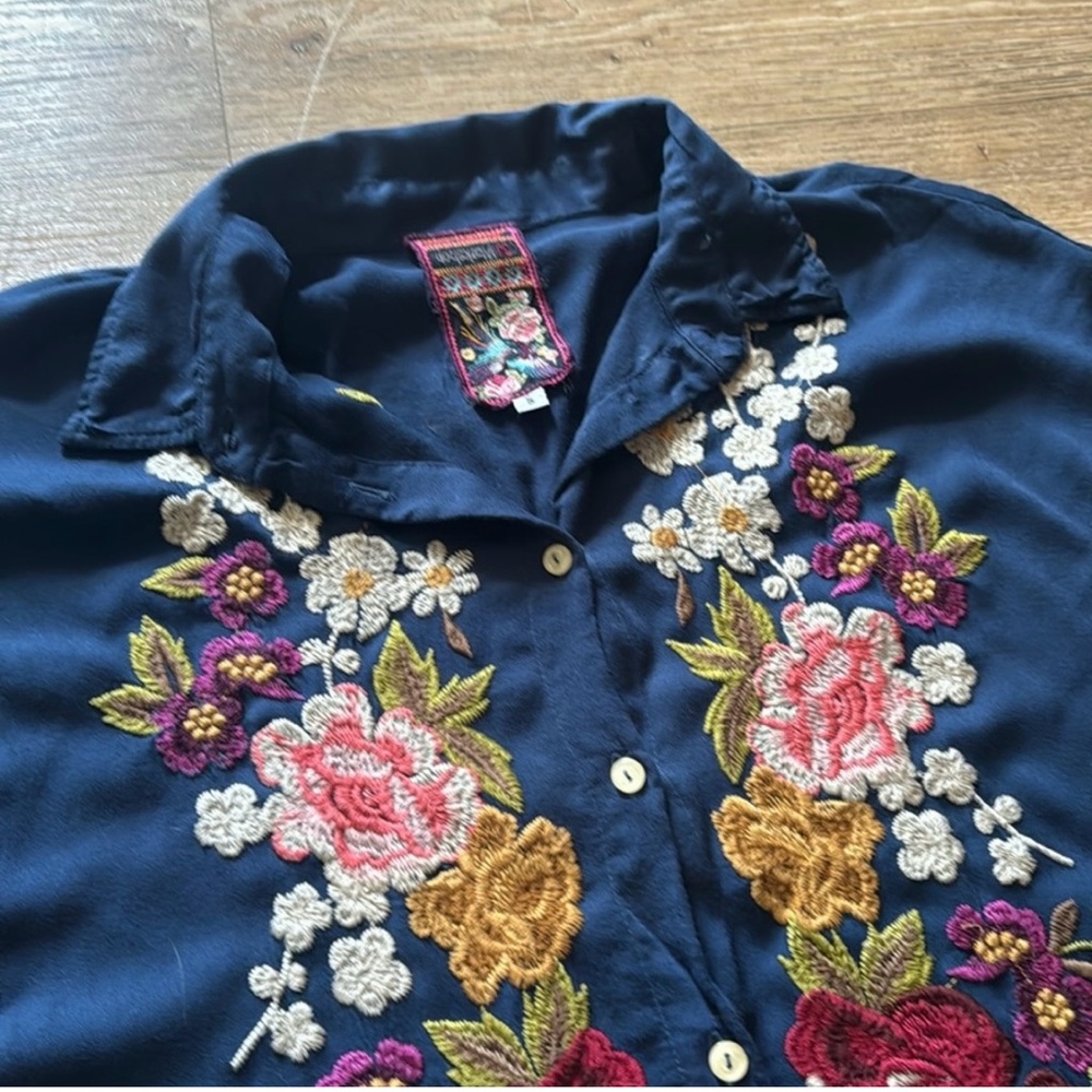 Johnny Was Navy Floral Embroidered Blouse
